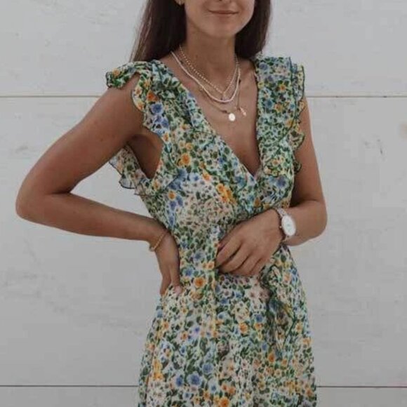 Zara Dresses & Skirts - ZARA Floral Chiffon Midi Dress Green Yellow Ruffle Slit Size Small Romantic EUC